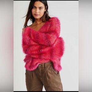 Free People Gelato Pullover Sweater Fuzzy Star Pink Combo Boxy Crop Sz S Small
